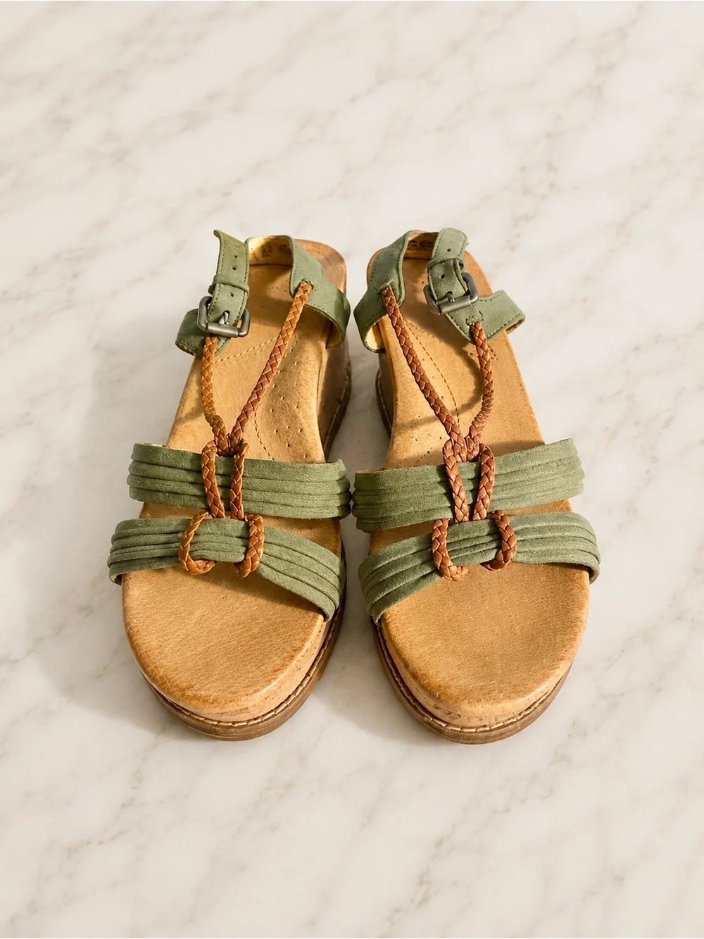 Sage Green Sandals Braided Cork Olive Wedge Sandals 7.5 Size